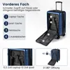 A blue suitcase is shown open with various compartments labeled and described. Náhľad obrázku produktu