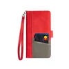 A red and gray wallet case with a wrist strap and credit cards inserted. Produktbild-Vorschau