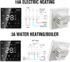 The image displays two different types of smart thermostats, one for electric heating and one for water heating/boiler, along with their wiring diagrams and a side view of the device. Produktbild-Vorschau