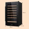 A black wine cooler with wooden shelves is shown against a light beige background. Dimensions are indicated on the right and bottom of the image. Produktbild-Vorschau