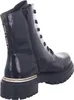 A black patent leather lace-up boot with a gold trim and a thick sole, shown from the side. Voir les images du produit