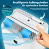 A close-up of a white portable air conditioner with blue air flow graphics, a hand is shown pressing a button on the control panel, and text overlays describe its features. Produktbild-Vorschau