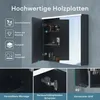 A bathroom cabinet with its doors open, showcasing its interior and features. The image is divided into sections highlighting different aspects of the product. Produktbild-Vorschau