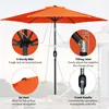 An orange patio umbrella with callouts highlighting its features. Produktbild-Vorschau