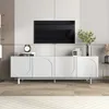 A white TV stand with a television mounted on the wall above it, in a modern living room setting. Náhled obrázku produktu