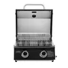 An open gas grill with two burners, shown from the front. Produktbild-Vorschau
