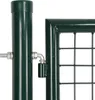 Close-up of a green metal gate hinge mechanism attached to a gate post. Produktbild-Vorschau