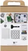 A collage of images showing different aspects of a gel printing kit, including examples of prints, the tools, and the materials. Produktbild-Vorschau