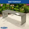 A modern metal bench sits in a garden setting with flowers and greenery. Produktbild-Vorschau