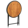 A round folding table with a wooden top and black metal legs, shown from a slightly elevated angle against a white background. Produktbild-Vorschau