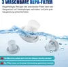 Three white HEPA filters are shown partially submerged in water, with bubbles and water splashes indicating they are being washed. Text above describes the benefits of cleaning the filters. Produktbild-Vorschau