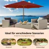 An outdoor furniture set with a red umbrella, chairs, and a table, set against a scenic ocean backdrop. Below are three smaller images showcasing different scenarios: a backyard with a dining set, a garden with a flower bed, and a swimming pool area. Anteprima dell’immagine prodotto