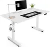 A white adjustable standing desk with a computer, keyboard, mouse, lamp, and headphones. Produktbild-Vorschau