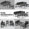 Collage of different configurations of a modular outdoor furniture set, including corner sofas, ottomans, and coffee tables. Produktbild-Vorschau