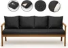 A set of black cushions on a wooden bench, with four circular close-up images of cushion features above. Voir les images du produit