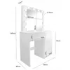A diagram showing the dimensions of a white vanity table with a lighted mirror. Podgląd zdjęcia produktu