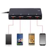 A black USB hub with four ports is shown connected to four smartphones, illustrating its function as an extension adapter and charging cable. Produktbild-Vorschau
