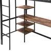 A close-up view of a black metal loft bed frame with wooden shelves and a desk. Podgląd zdjęcia produktu