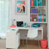 A home office setup with a desk, chair, laptop, and shelving unit filled with colorful binders and accessories. Podgląd zdjęcia produktu