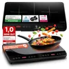A product shot of an induction cooktop with a frying pan cooking pasta, surrounded by marketing elements and certifications. Produktbild-Vorschau