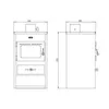 Technical drawings of a wood-burning stove, showing front and side views with dimensions. Anteprima dell’immagine prodotto