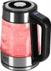 A glass electric kettle with red LED lighting, showing water boiling inside. Náhled obrázku produktu