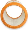A cylindrical air filter with pleated paper media and an orange plastic rim. Voir les images du produit