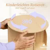 Hands are shown rotating a wooden cylindrical shelf unit, with arrows indicating 360-degree rotation and text highlighting ease of use. Produktbild-Vorschau