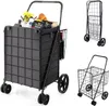 A black shopping trolley filled with groceries and other items, shown from the front and side. The trolley is also shown folded and unfolded in smaller inset images. Voir les images du produit