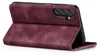 A burgundy flip case for a Samsung Galaxy A25 5G phone is shown standing open. Produktbild-Vorschau