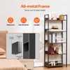 A metal bookshelf with five shelves, decorated with various items, and accompanied by diagrams illustrating its construction and features. Podgląd zdjęcia produktu