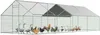 A long, enclosed chicken coop with a metal frame and a gray roof, containing several chickens and geese. Produktbild-Vorschau