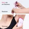 Two images showing a woman using a Braun Silk-épil Lady Shaver on her arm and underarm, with German text indicating its functions. Náhled obrázku produktu