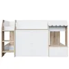 A white and wood-colored children's loft bed with a ladder, closet, and a small play area with a canopy. Voir les images du produit