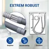 Marketing image showing a washing machine drain hose extension with feature callouts. Produktbild-Vorschau