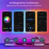 Four smartphone screens displaying app interfaces for controlling LED lights, with the product title and feature descriptions overlaid at the top, and icons representing app functions at the bottom. Produktbild-Vorschau