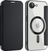 A black flip case for an iPhone is shown next to the iPhone itself, which has a clear case with a MagSafe ring and Apple logo. Produktbild-Vorschau