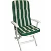 A white folding chair with a green and white striped cushion. Produktbild-Vorschau