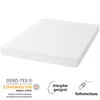A white mattress on a white background with certification logos and text. Podgląd zdjęcia produktu