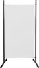 A white fabric screen is held up by a gray metal frame with two legs. Produktbild-Vorschau