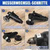 A four-panel instructional image showing steps for changing a blade on a pneumatic tool. Produktbild-Vorschau