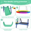 A collage of four images showcasing different features of a children's playground set, with text descriptions. Produktbild-Vorschau