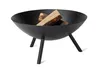 A black metal fire bowl with three legs, containing two pieces of firewood, set against a white background. Produktbild-Vorschau