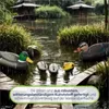 Several decorative ducks are floating in a pond during a rain shower, with traditional Japanese buildings in the background. Produktbild-Vorschau