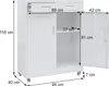 A white metal cabinet with drawers and doors, shown with dimensions. Produktbild-Vorschau