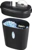 A black paper shredder with its top unit separated from its base bin. The top unit shows a CD being shredded, and the base bin is filled with shredded paper. Produktbild-Vorschau