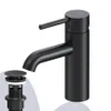 A black faucet and pop-up drain assembly are shown against a white background. Produktbild-Vorschau