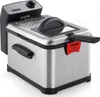 A stainless steel deep fryer with a black lid and handle, set against a white background. Produktbild-Vorschau