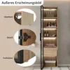A tall, narrow bathroom cabinet with a glass door, showcasing its interior with shelves and lighting. Close-up insets highlight details like surface smoothness, hinges, and feet. Voir les images du produit