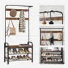 A collage of images showing a coat rack and shoe storage unit with various accessories like hats, bags, and shoes. Produktbild-Vorschau